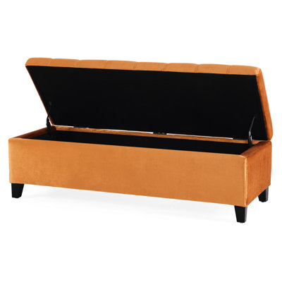 Burnt Orange Velvet With Copious Storage For Blankets, On Strong Birch Wood Legs Dark Brown Finish, Supports 250 Lbs Weight In Abundant Room Legs, Can Bear Load