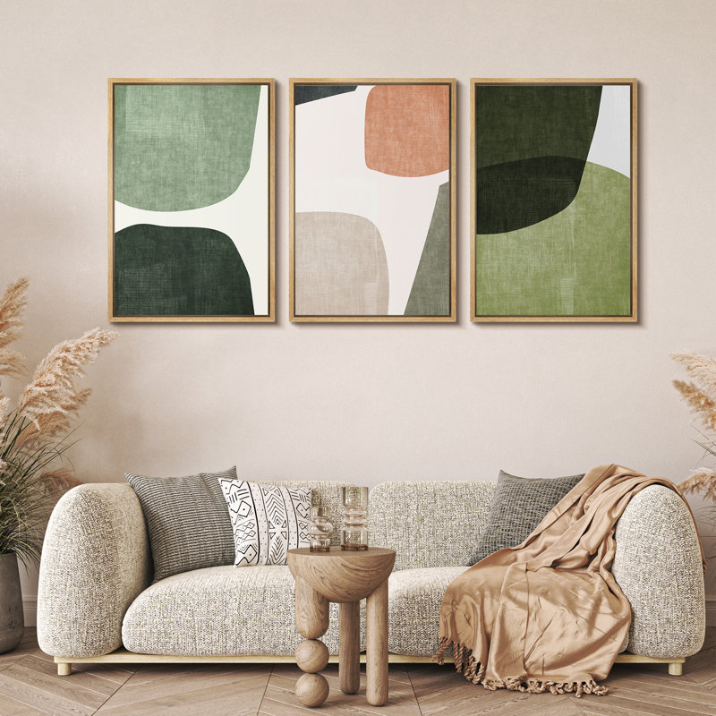 Mid-Century en forme de Tripyth vert, ovales multicolores abstraits, Mid-Century moderne, impression sur toile encadrée, 3 pièces, décoration murale