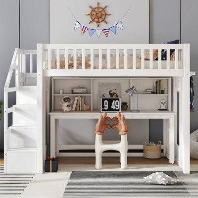Twin Size Loft Bed With Movable Desk And Storage Shelf, Featuring Storage Stairs,White