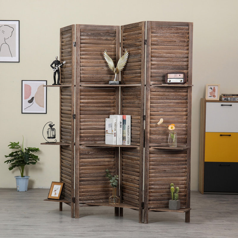 Cloison de style rustique à 4 panneaux avec tablettes d'angle amovibles et paravent pliable, Marron clair