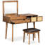 Coiffeuse en bois brun avec miroir rabattable et tabouret, trois tiroirs pour un miroir de coin de maquillage délicat, un tabouret et une configuration exquise
