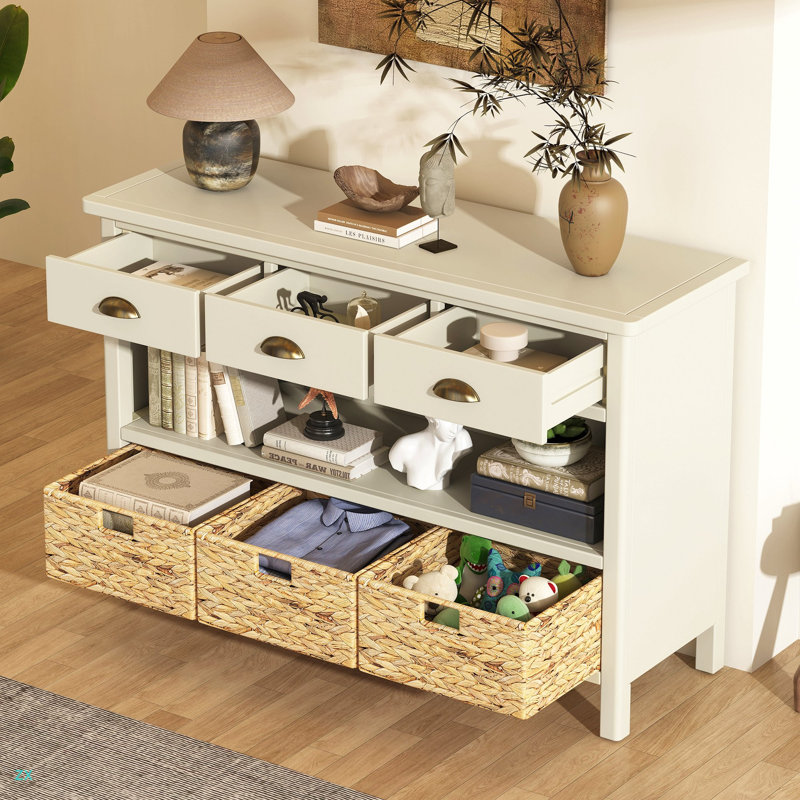 Retro Console Table With 3 Storage Drawers, Entryway Table With 3 Water Hyacinth Woven Baskets,Wooden Accent Sofa Table Buffet Cabinet For Entryway, Hallway And Living Room