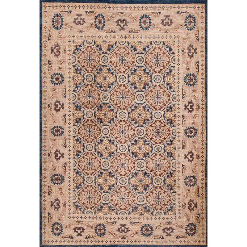 Tapis beige / brun / bleu en laine noué à la main de conception unique 4 pi x 6 pi