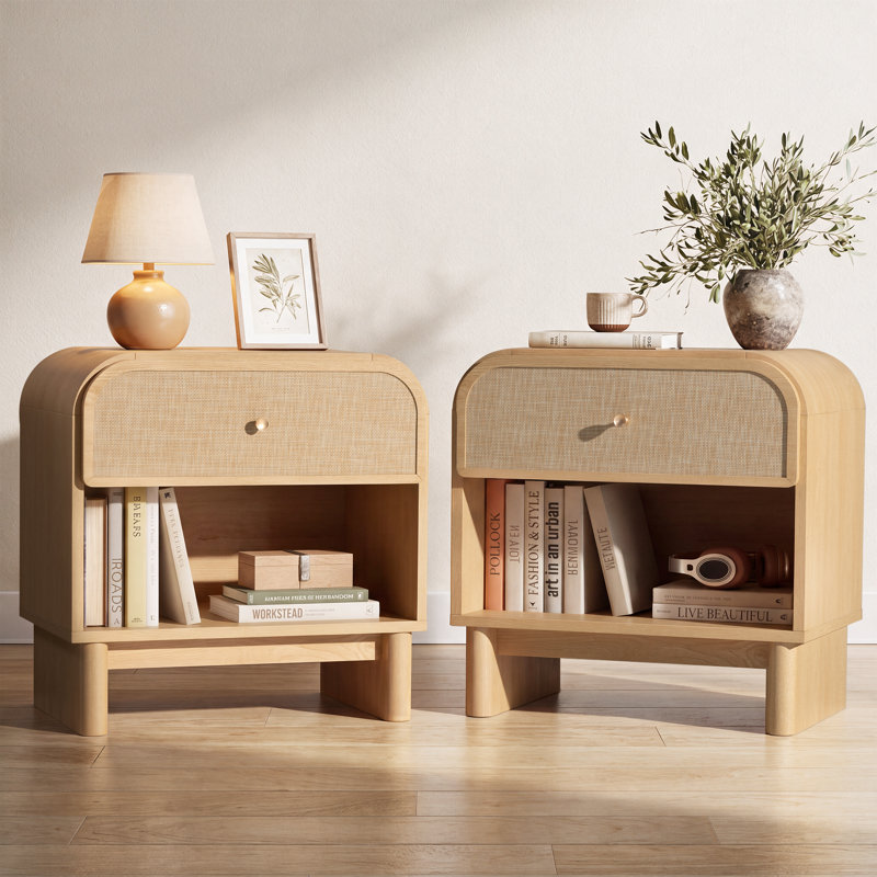 Tables de chevet en rotin avec tiroir et étagère ouverte, style bohème à coins arrondis, Chêne