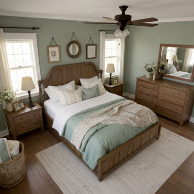 Planked Panel Bed with Arched Headboard and Hickory Veneer