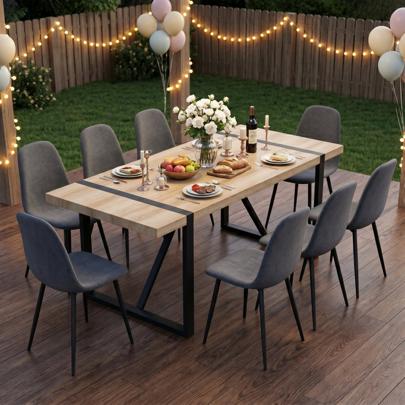 9-Piece Modern Industrial Rectangular Wood Dining Set with Metal Base and Upholstered Chairs, 9 Piece Dining Set, Gray Chairs