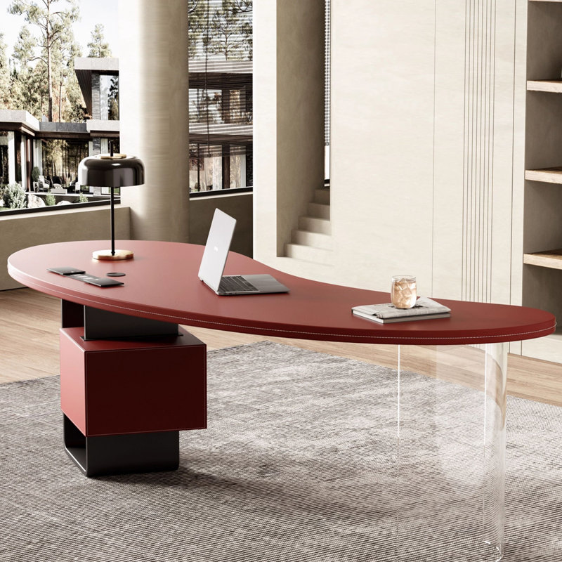 Bureau 2 tiroirs rouge + noir + bois franc incurvé + acier Barenia + acier + acrylique, Retour à droite