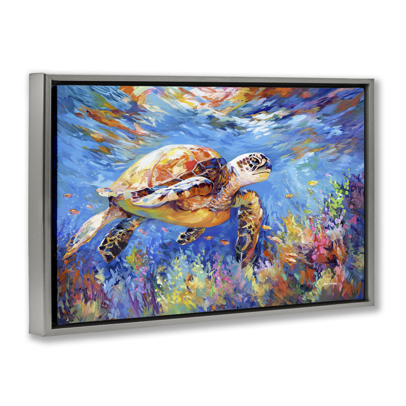 «Sea Turtle's Adventure», toile flottante encadrée dorée par Leon Devenice, Cadre flottant gris lustré, H 17 po x l 25 po