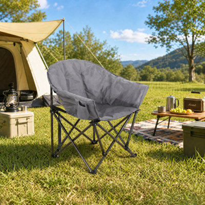 Chaise de camp pliante surdimensionnée avec porte-gobelet et coussin rembourré, support de 350 lb, portable pour patio, plage, hayons, extérieur, gris