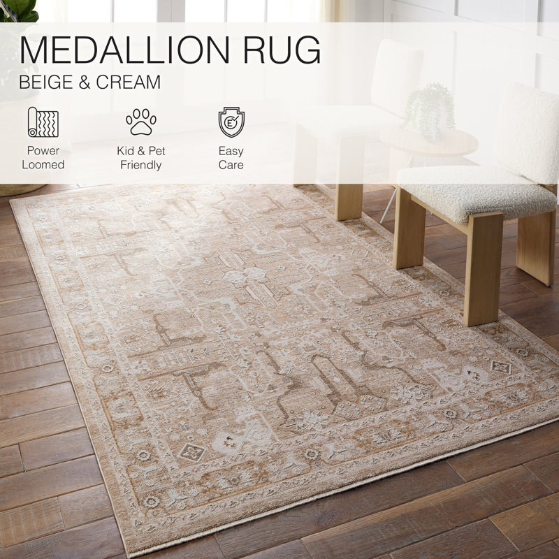 Kerin Oriental Machine Woven Polyester/Polypropylene Area Rug in Beige/Cream, Rectangle 8' x 10'
