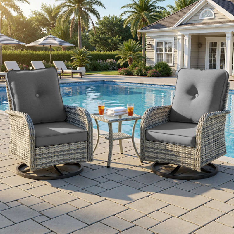 2-Person Patio Conversation Set With Rocking Swivel Chairs And Tempered-Glass Table, Gray