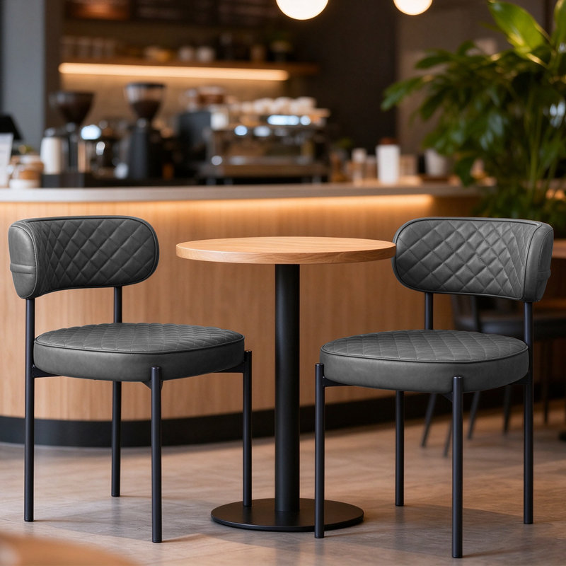 Tufted Faux Leather Waffle Upholstered Armless Dining Chair Round Seat, Grey