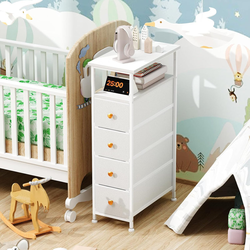Narrow Bedside Table with USB Port, 4 Drawers Storage Cabinet, Nightstand with Power Socket