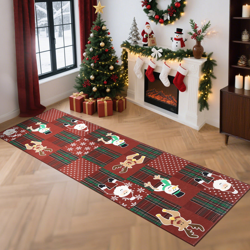 Christmas Living Room Area Rug, Cute Soft Santa Deer Snow Rugs for Nursery Bedroom Large Non Slip Foldable Lightweight Winter Holiday Carpet for Dining Room Playroom