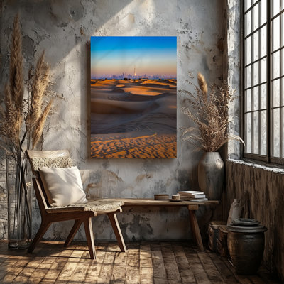Toile, "Vast Desert Landscape Under A Clear Blue Sky At Wall Art Sunset" mettant en vedette Rolling Sand Dunes in Warm Golden Tones That, reproduction d'art sur toile