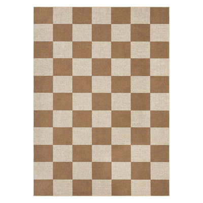 Modern Checkered Jute Area Rug - Washable, Non-Slip, Geometric Carpet for Living Room, Bedroom, Dining Room, Entryway - Indoor Outdoor, Mark Resistant -  Brown