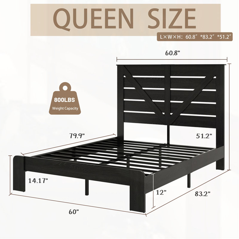 Grand lit plateforme en bois, Noir, Grand