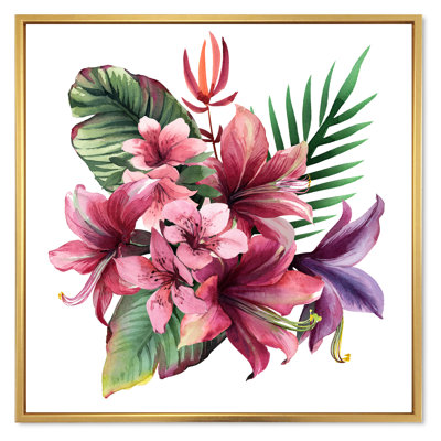 Bouquet de fleurs tropicales et de feuilles sur fond blanc I - reproduction d'art sur toile traditionnelle