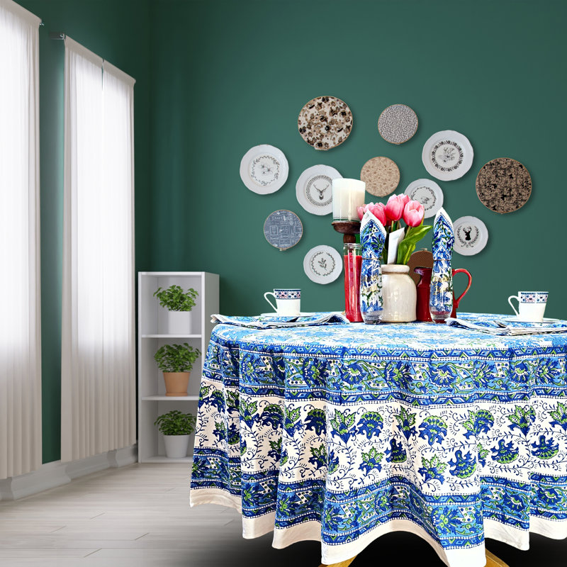 Block Print Lotus Flower Cotton Round Tablecloth