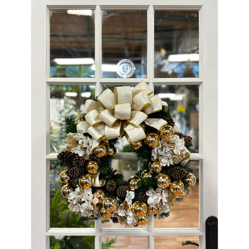 26" Hydrangea Christmas Wreath With A Large Bow And Ornaments
