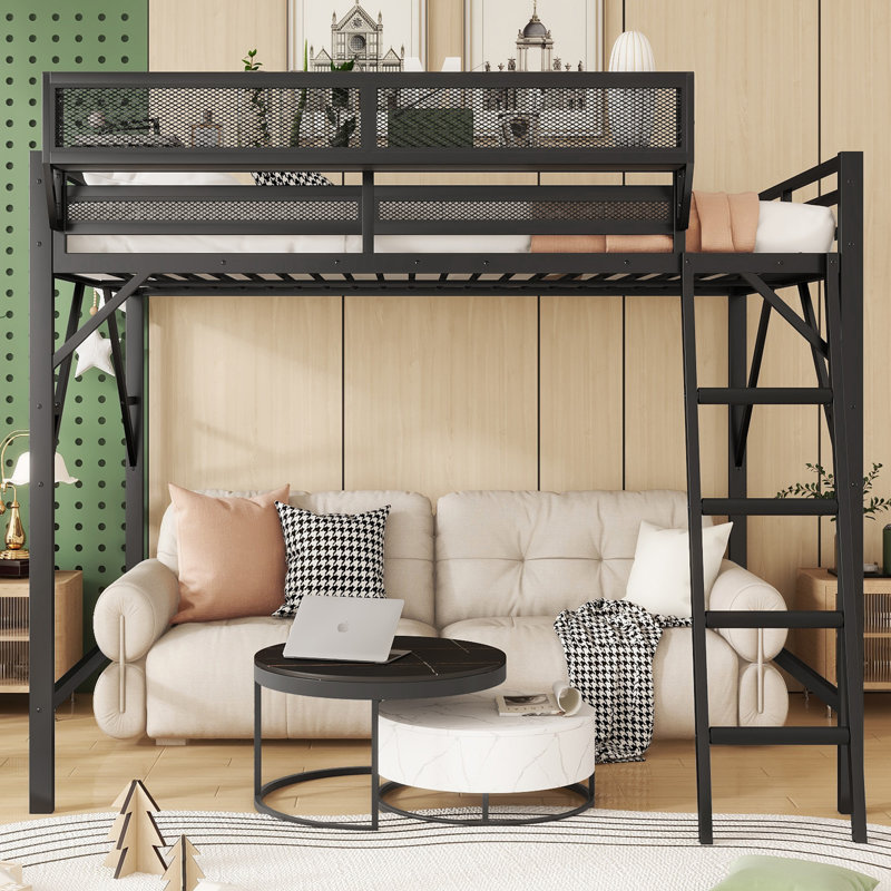 Full Metal Loft Bed with Ladder & Upper Storage Shelves – High Loft Bed for Kids & Teens, Black, Full, Black