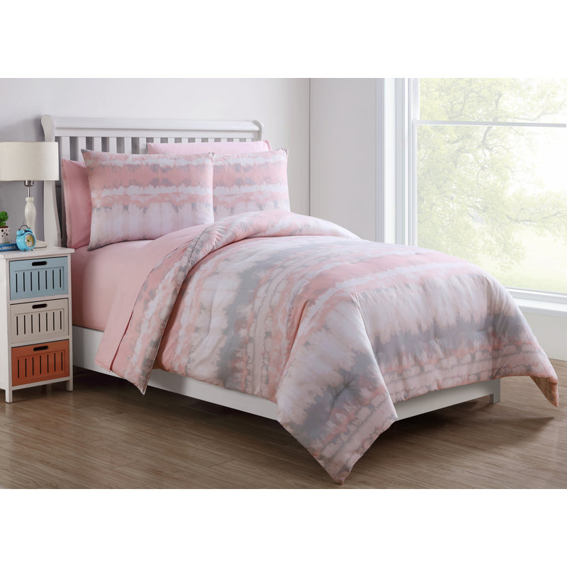 Ensemble d'édredon en microfibre moderne et contemporain rose 6 pièces Dmitri, Édredon simple + 5 pièces supplémentaires
