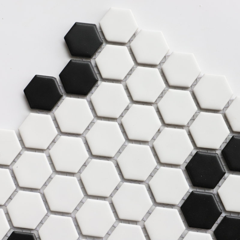 Perfection 1“ x 1" Porcelain Honeycomb Mosaic Wall & Floor Tile, White/Black Flower