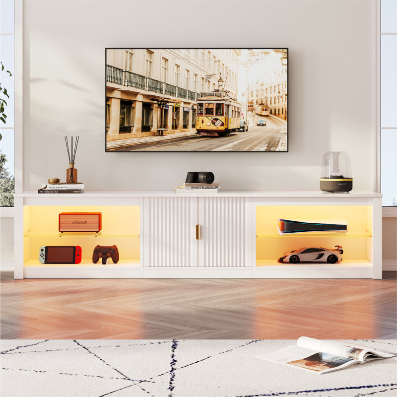 203.2CM Modern Fluted TV Stand with Adjustable Shelf, LED Media Console for 85 Inch TV, Glossy TV Console with Cabinet 