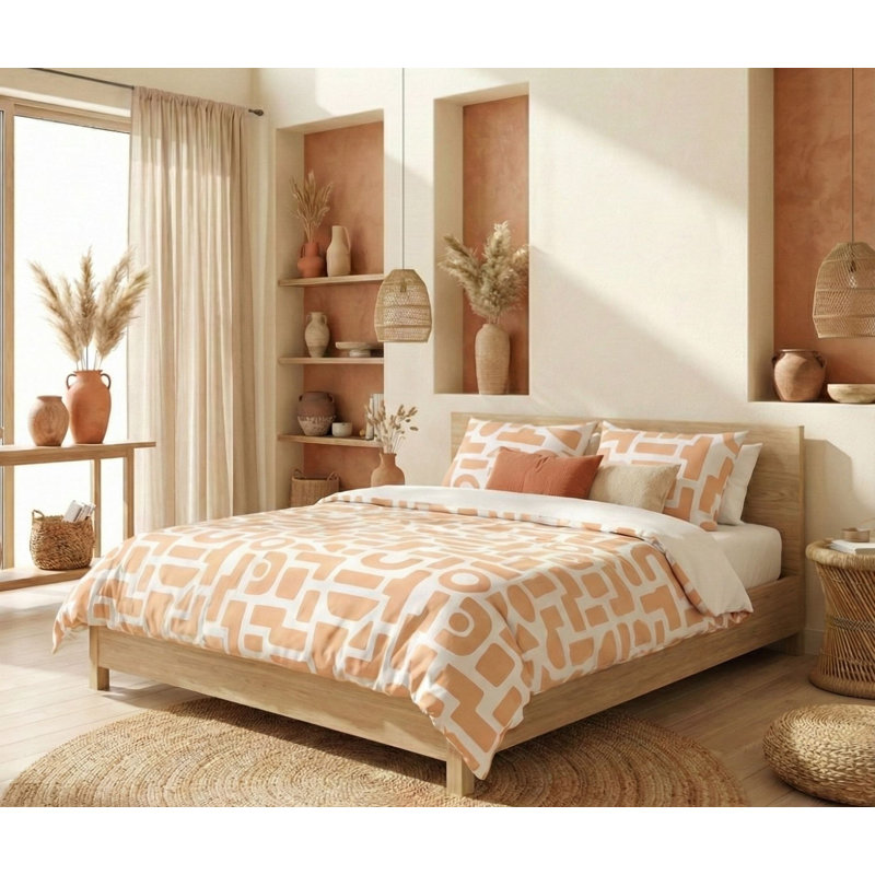 Ensemble de housse de couette, Housse de couette simple + 2 taies décoratives, Orange / blanc géométrique