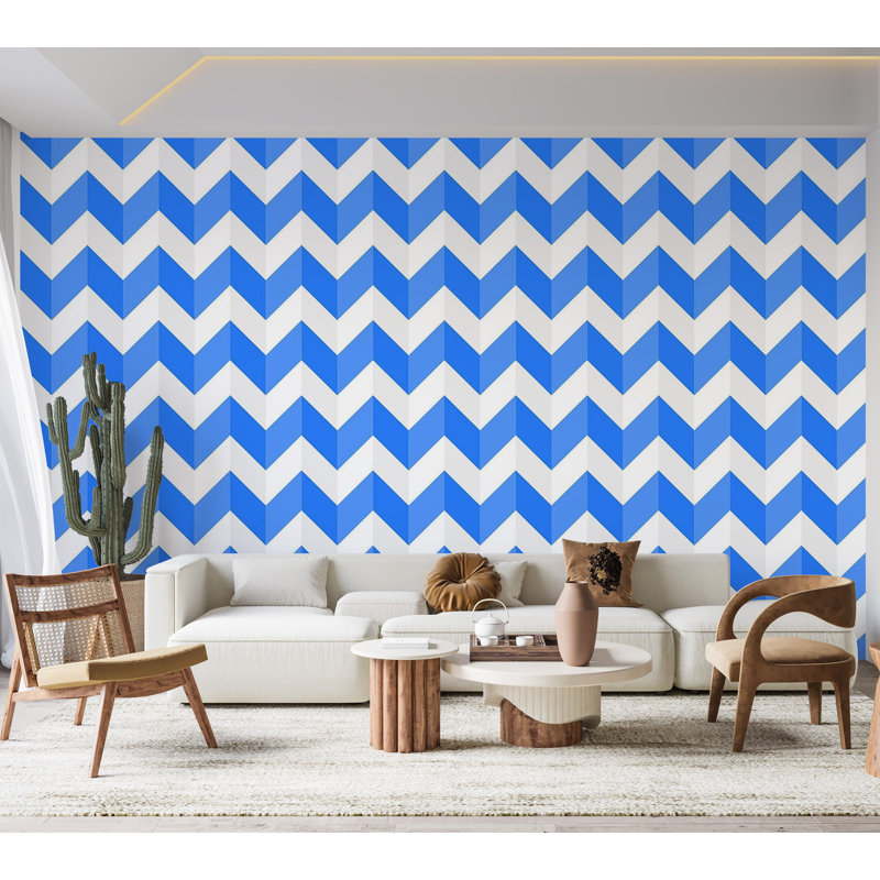 Papier peint de qualité supérieure - Motif à chevrons bleus, L 96 po x l 120 po