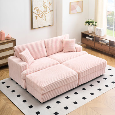 91.15 Inch Pink Corduroy 3 - Seat , Double Storage Legs, Four Pillows, Supportive And Wrapping Memory Foam With Cloud Like Comfortable Seating, High Resilience Structure