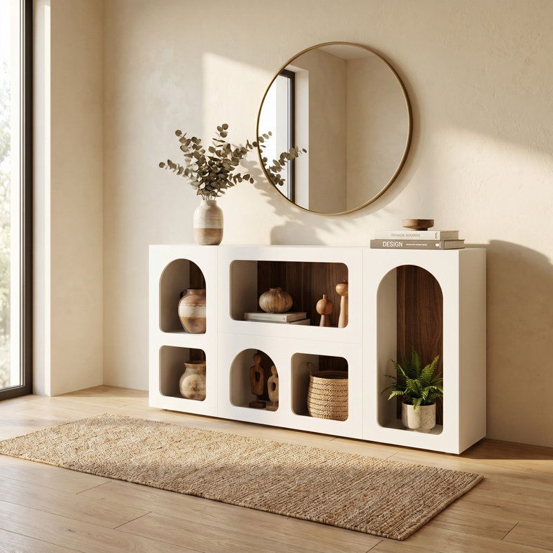 59" White Console Table, Modern Entryway Table with 6 Cube Storage Organizer