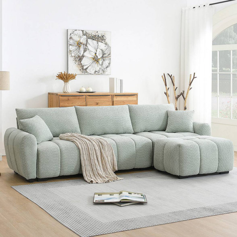 Boucle Fabric 110" Modular Sectional Sofa, Light Green