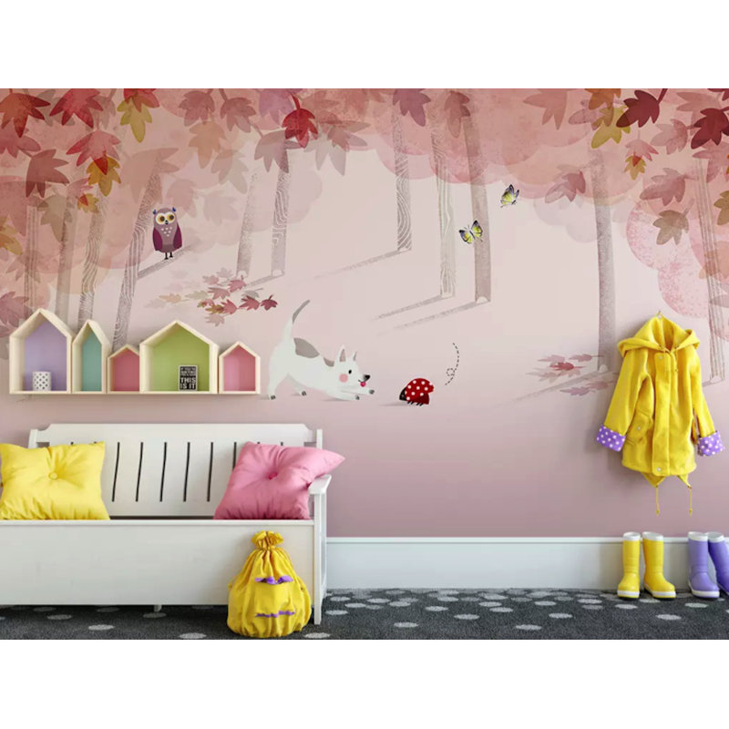 Papier peint texturé amovible rose et forêt, l 112 po x L 75 po