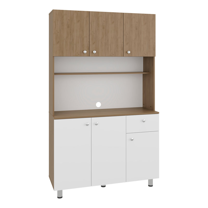 Dread Kitchen Storage Cabinet with Microwave Shelf and 3 Compartments, Natural Oak and White