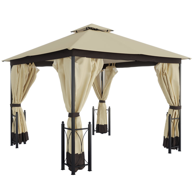 Beige and Black Steel Frame Patio Gazebo with Curtains