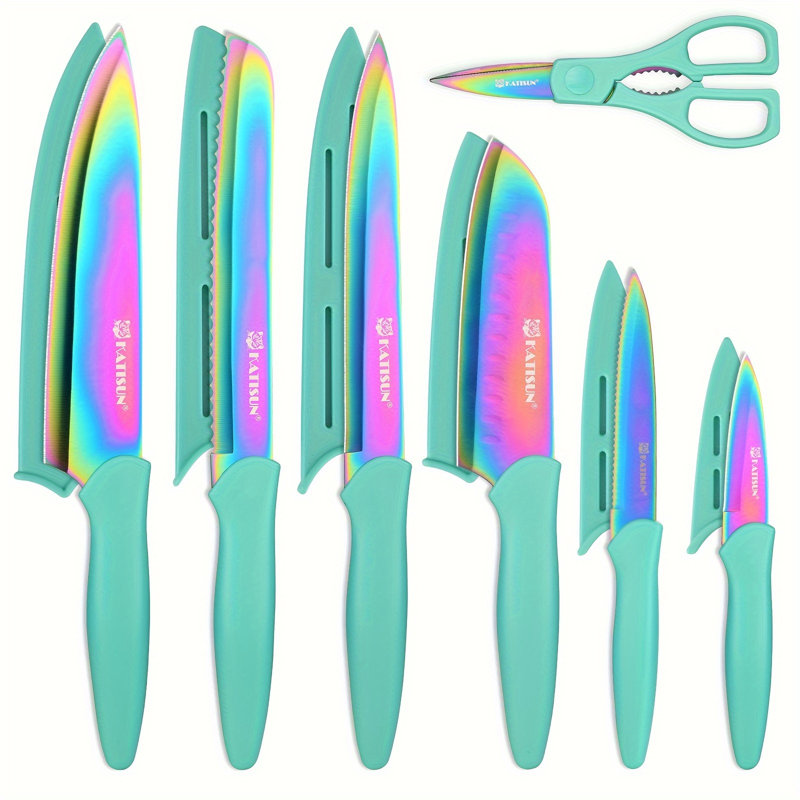 Ensemble de couteaux de cuisine en titane arc-en-ciel avec 6 protège-lames, 13 pièces