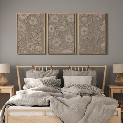Elegant Neutral Floral Embossed-Style Blossoms – Pictures Framed Canvas Print 3 Pieces Wall Art
