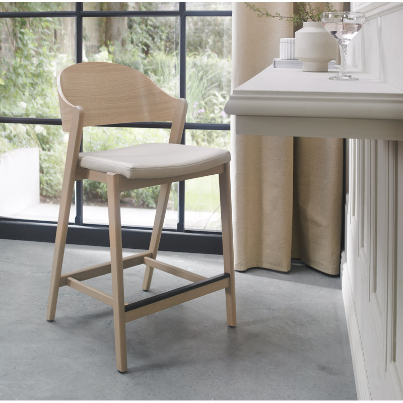 Upholstered Counter Stool with Solid Wood Frame, Ivory, Beige