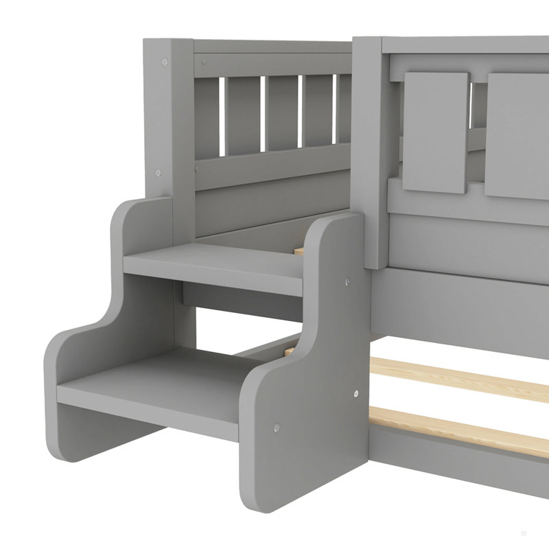 Wooden Bed With Built-In Bookshelves And Trundle, Gray, Twin