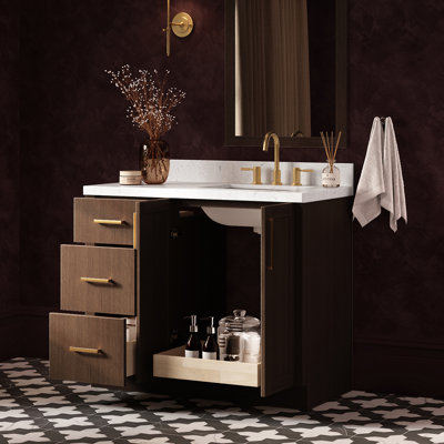 Meuble-lavabo rectangulaire simple décalé à droite de 42 pouces avec comptoir en quartz blanc de Carrare de 1,5 pouce et finition chêne brun
