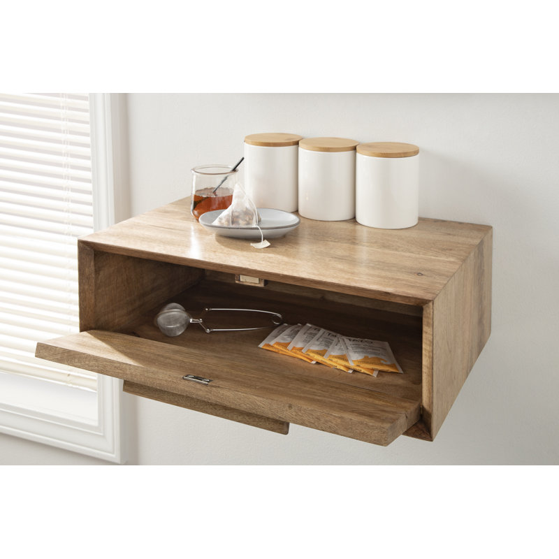 Natural Mango Wood Floating Wall Shelf with Drawer