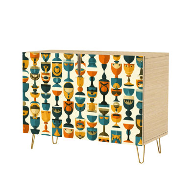 Sideboard Buffet Cabinet with Storage Atomic Age Geometric Cream Turquoise Orange Decor with 2 Doors for Living Room and Kitchen