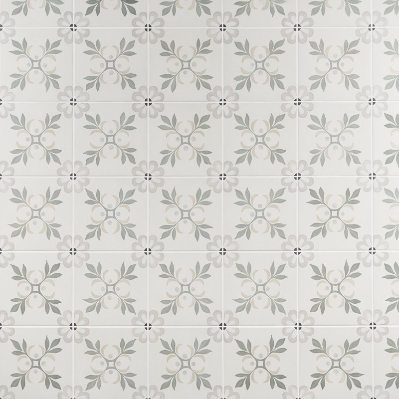 Plumeria 8.77" x 8.77" Matte Porcelain Tile, Blossom Green/Gray