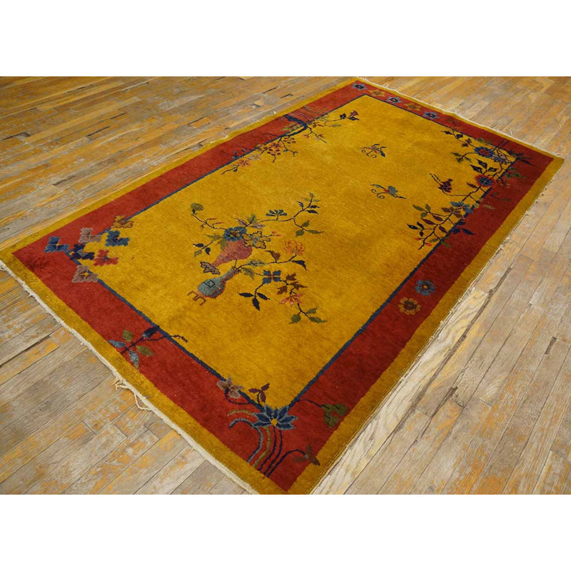 Antique Art Deco Small Scatter Size Wool Pink, Yellow / Gold Rug