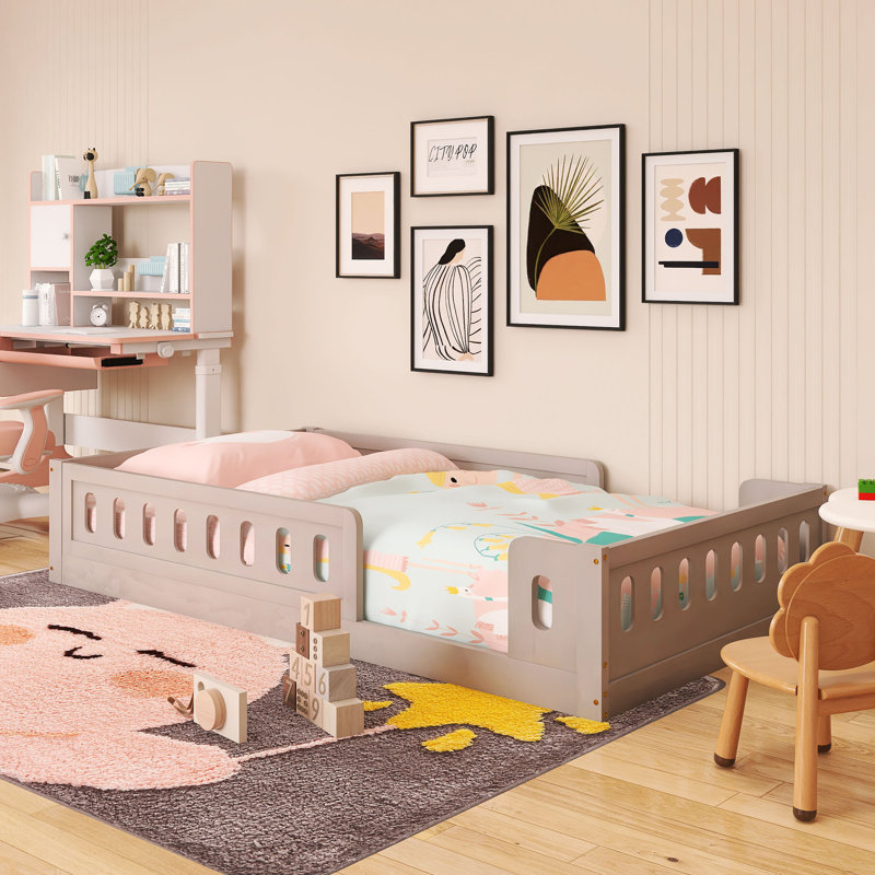 Lit plateforme simple en bois avec garde-corps, Gris