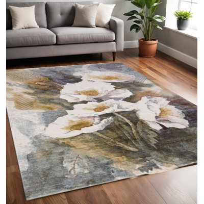 Tapis bleu crème et jaune 5 pi x 8 pi à feuilles botaniques