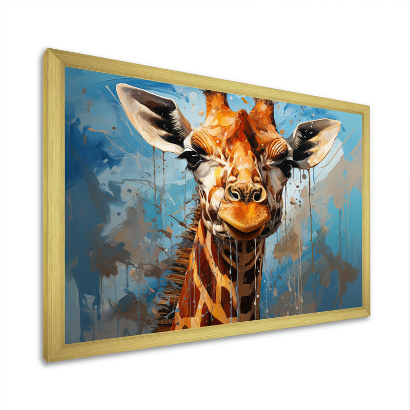 Collage animal girafe cobalt - imprimé, H 24 po x l 32 po x P 1 po, Encadrement doré