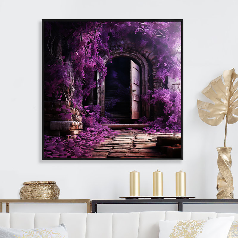 Porte mauve mauve à motif floral, Cadre flottant noir, H 30 po x l 30 po x P 1,5 po