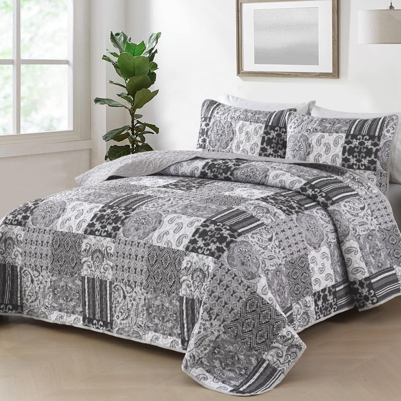 Ensemble de courtepointe à carreaux en microfibre 3 pièces Paisley Boho, Gris